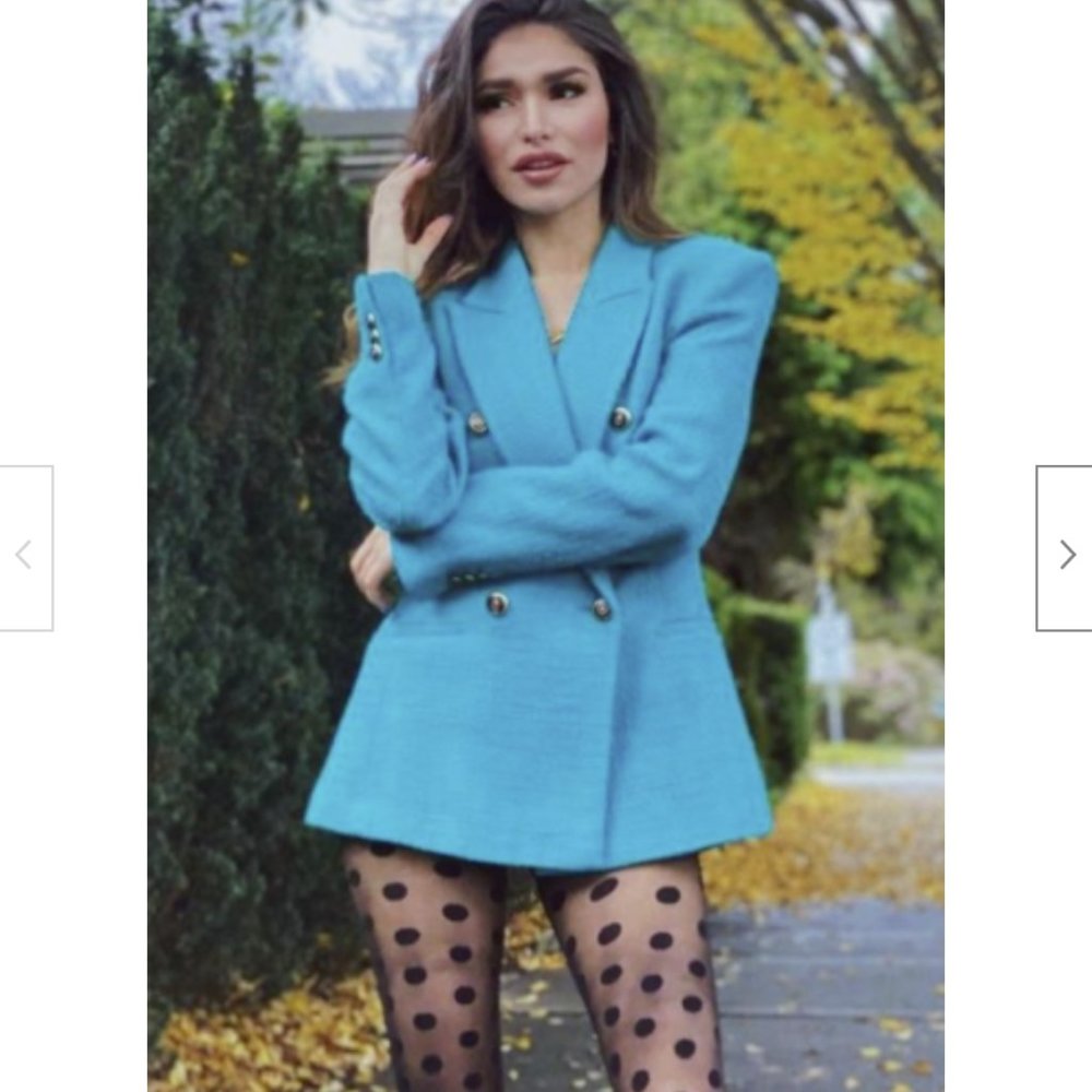 ZARA WOMEN Textured Blazer with Metal Buttons Turquoise Green Size S